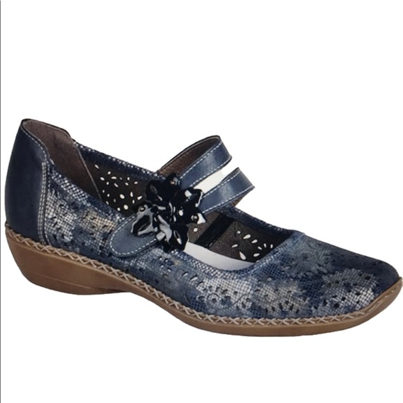 Rieker Shoes - “RIEKER” “Doris” Blue Laser Cut Mary Jane Shoes.